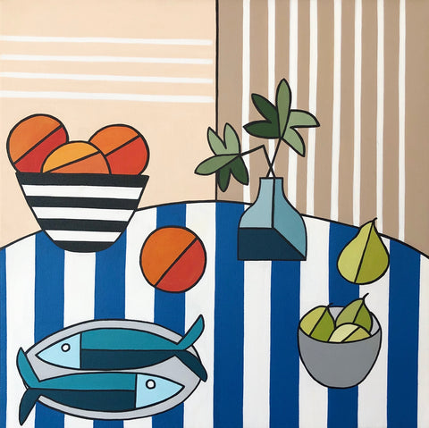 Fishes and Pears on Striped Table
