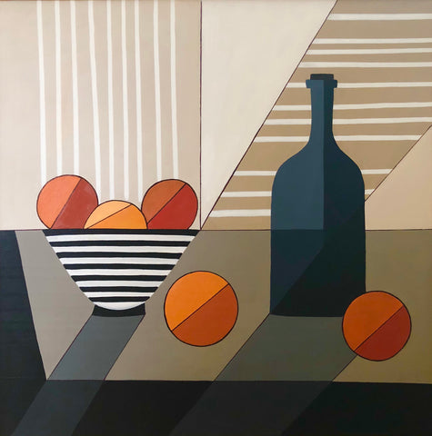 Bowl of Oranges With Blue Bottle