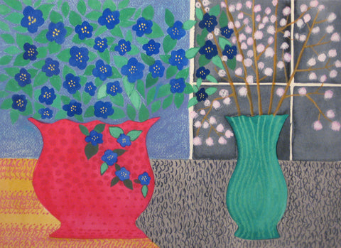 Blue Flowers in Red Vase